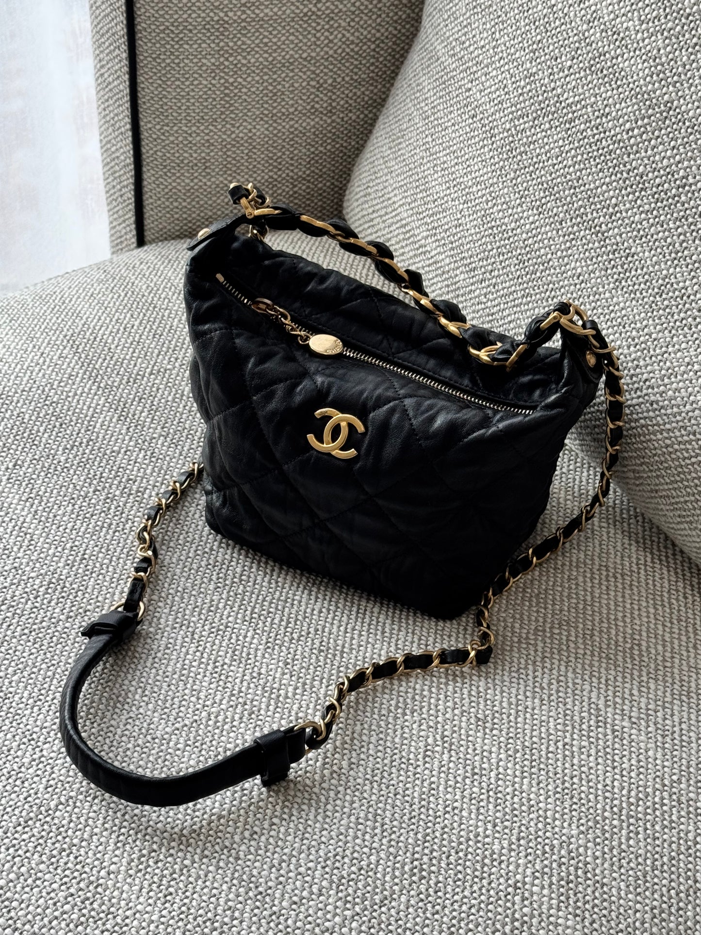 CHANEL Quilted Chain Around Hobo Bag – Black Lambskin