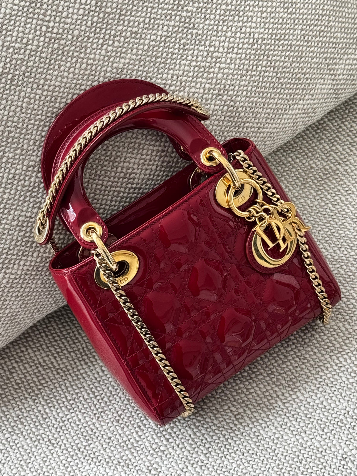 Dior Mini Lady Dior 3-Grid Bag in Red Patent Cannage Leather