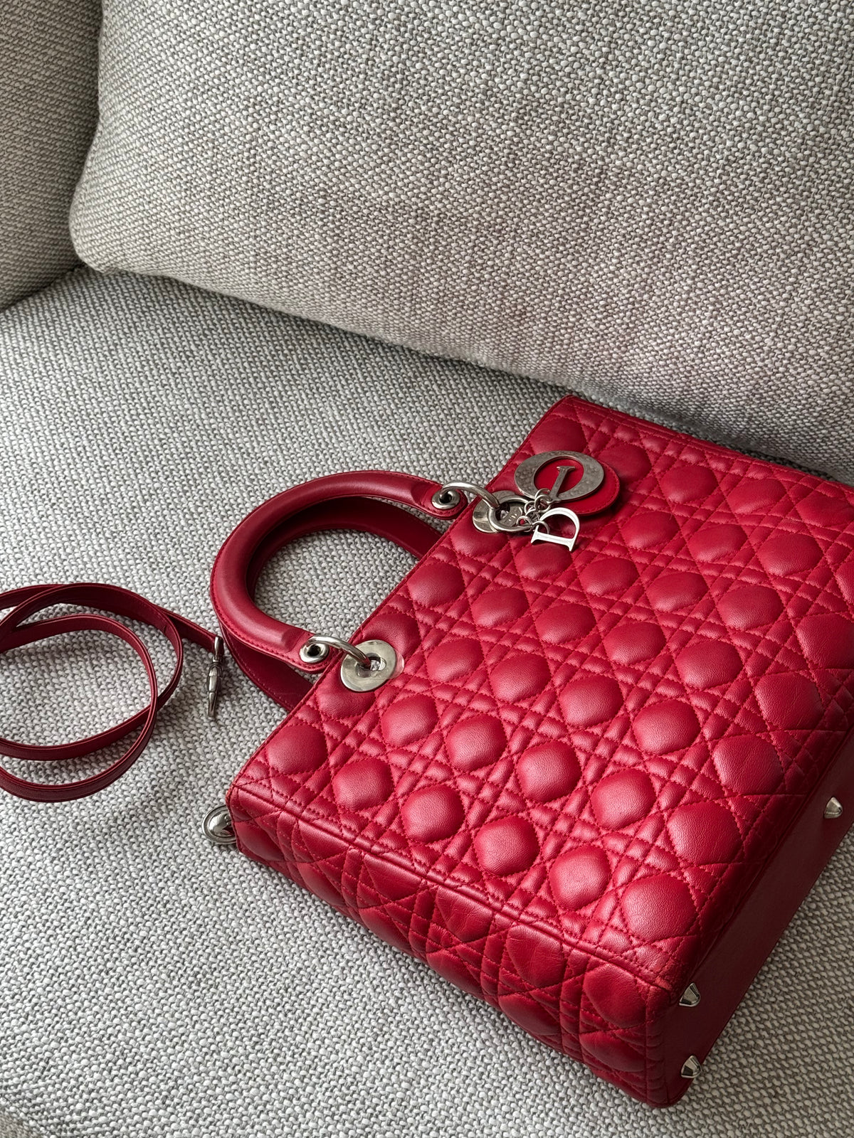 Dior Lady Dior 7-Stitch Cannage Bag Red Leather Silver Hardware