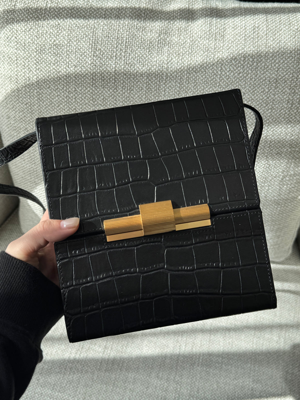Bottega Veneta Daisey Box Clutch – Black Crocodile-Embossed Calfskin