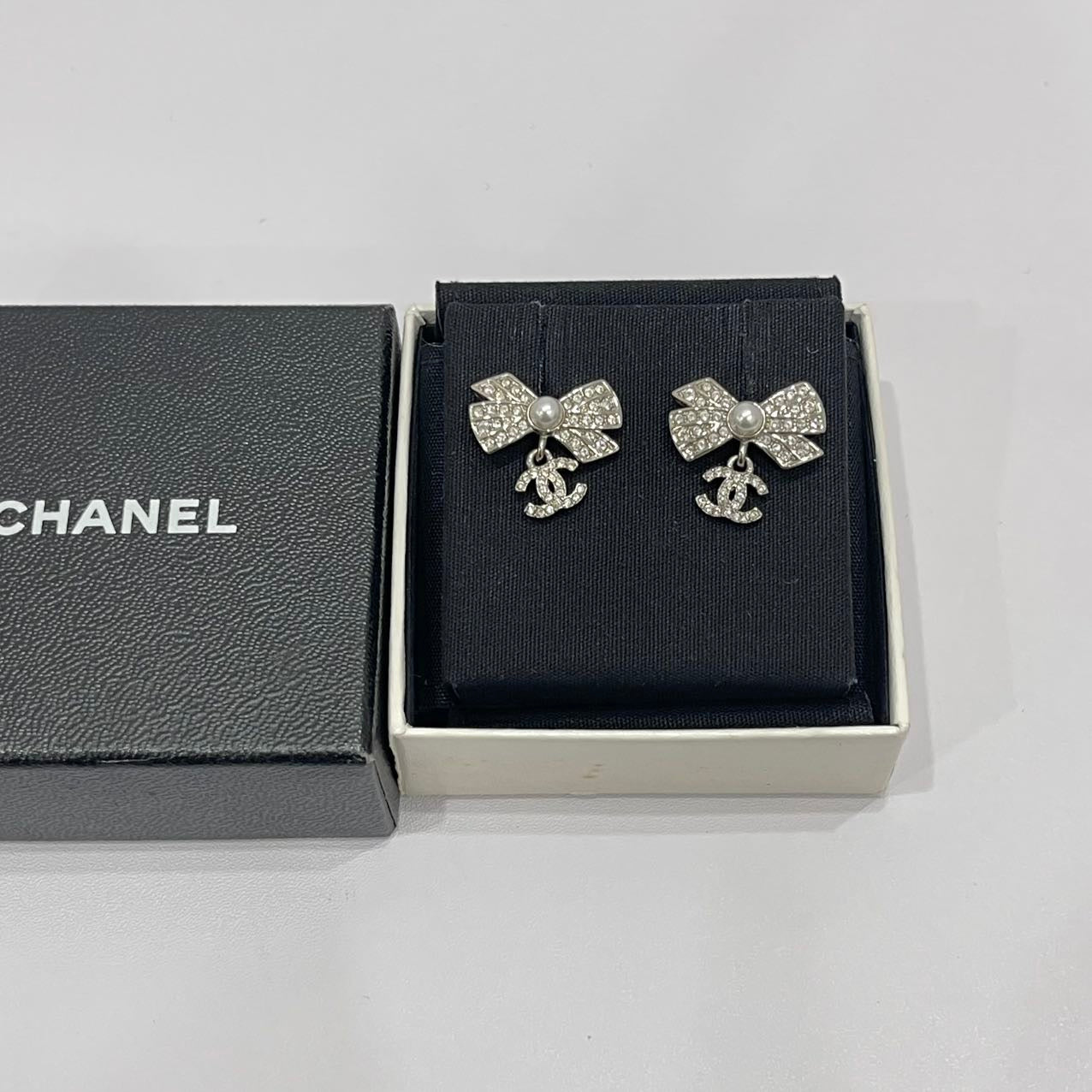 Chanel Bow/CC Logo Drop Earrings Crystal/Pearl Silver Tone