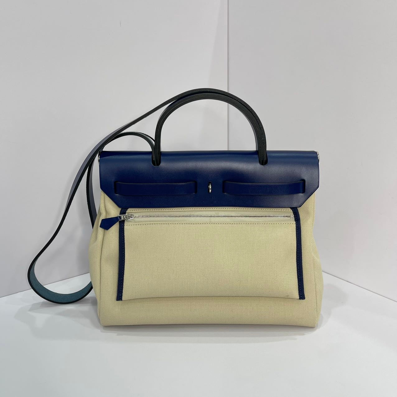 Hermes Herbag 31 Zip Bag Canvas/Hunter Leather Vanille/Naturel - Blue Leather Stamp U