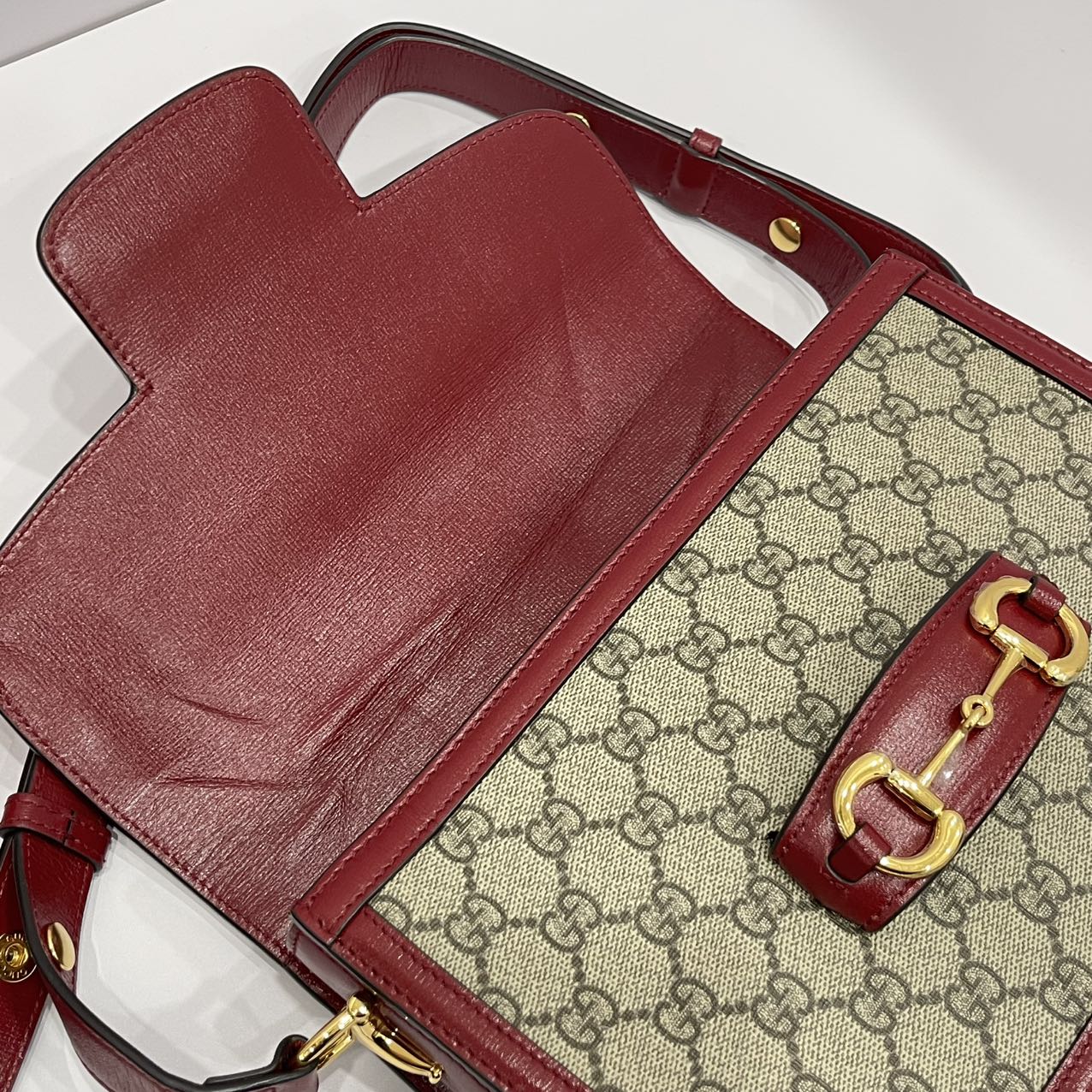 GUCCI Horsebit 1955 Shoulder Bag GG Supreme Canvas/Leather Red GHW