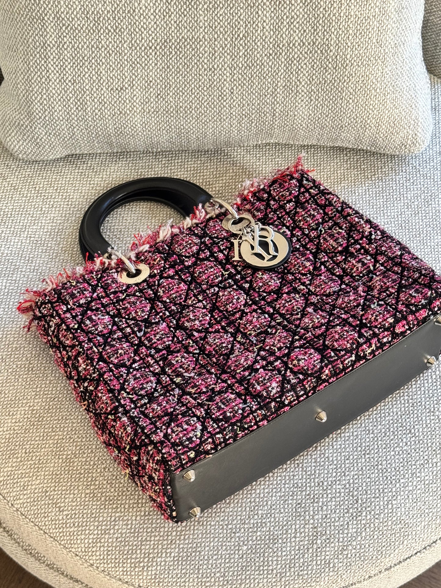 Christian Dior Large Tweed Cannage Fringe Lady Dior