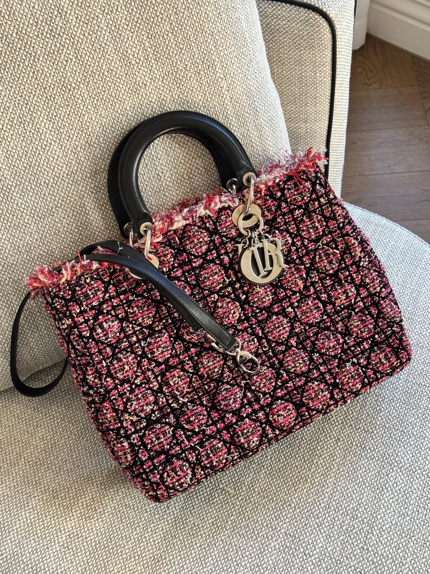 Christian Dior Large Tweed Cannage Fringe Lady Dior