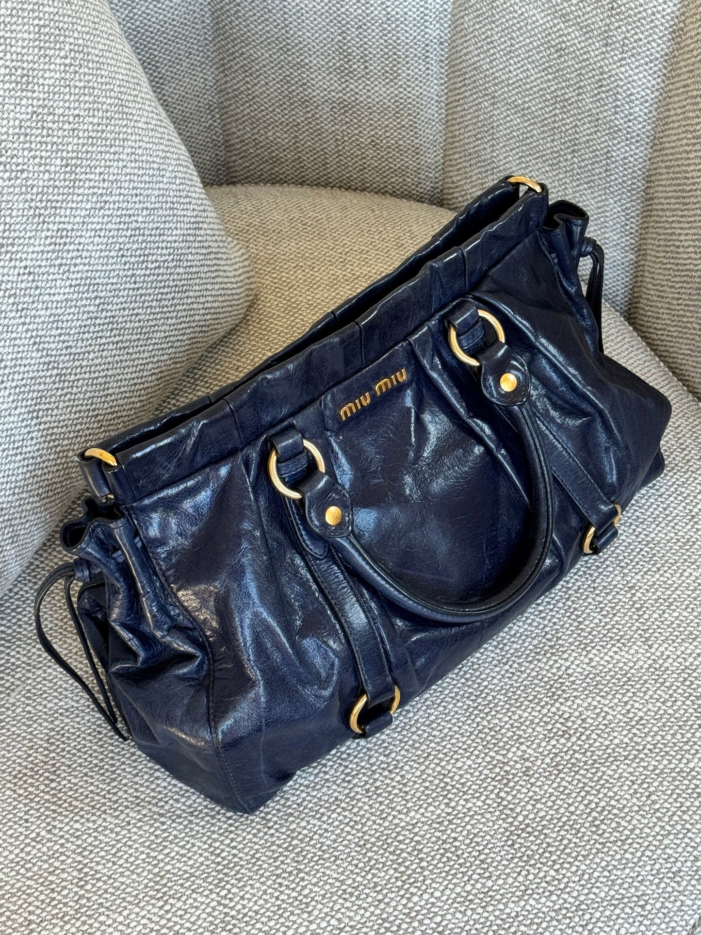 Miu Miu Navy Blue Leather Top Handle Bag