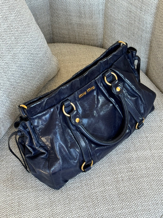 Miu Miu Navy Blue Leather Top Handle Bag