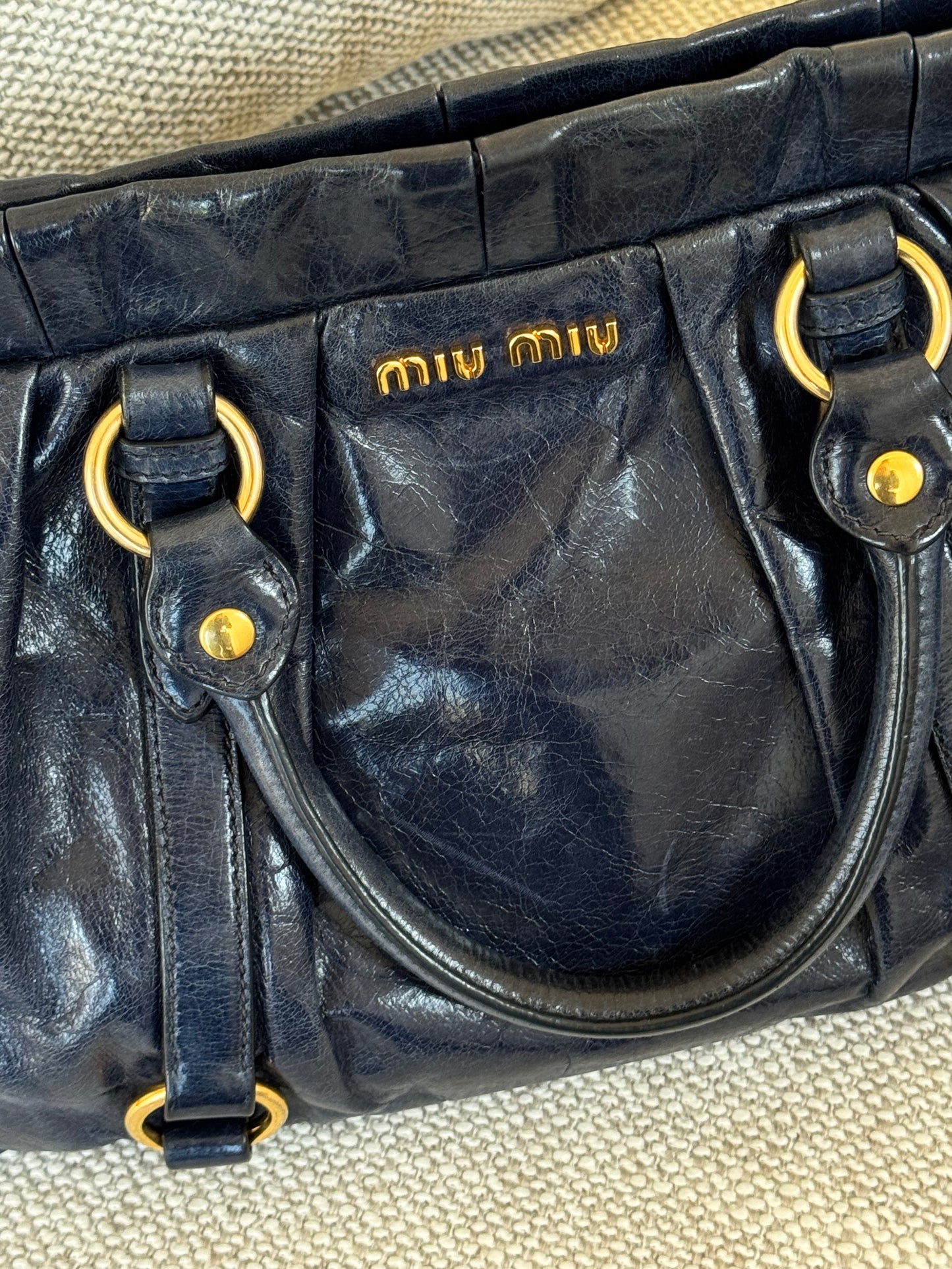 Miu Miu Navy Blue Leather Top Handle Bag