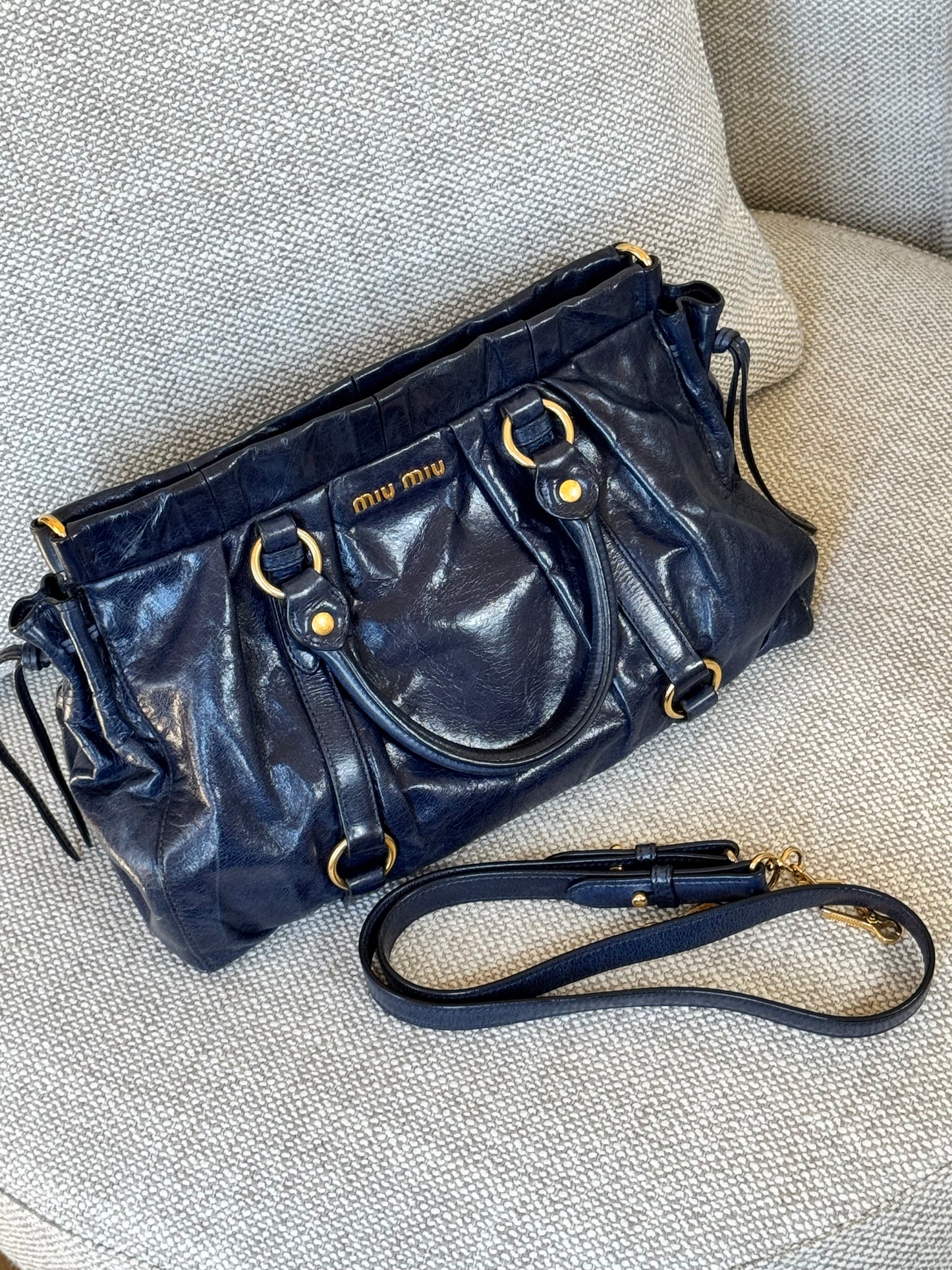 Miu Miu Navy Blue Leather Top Handle Bag
