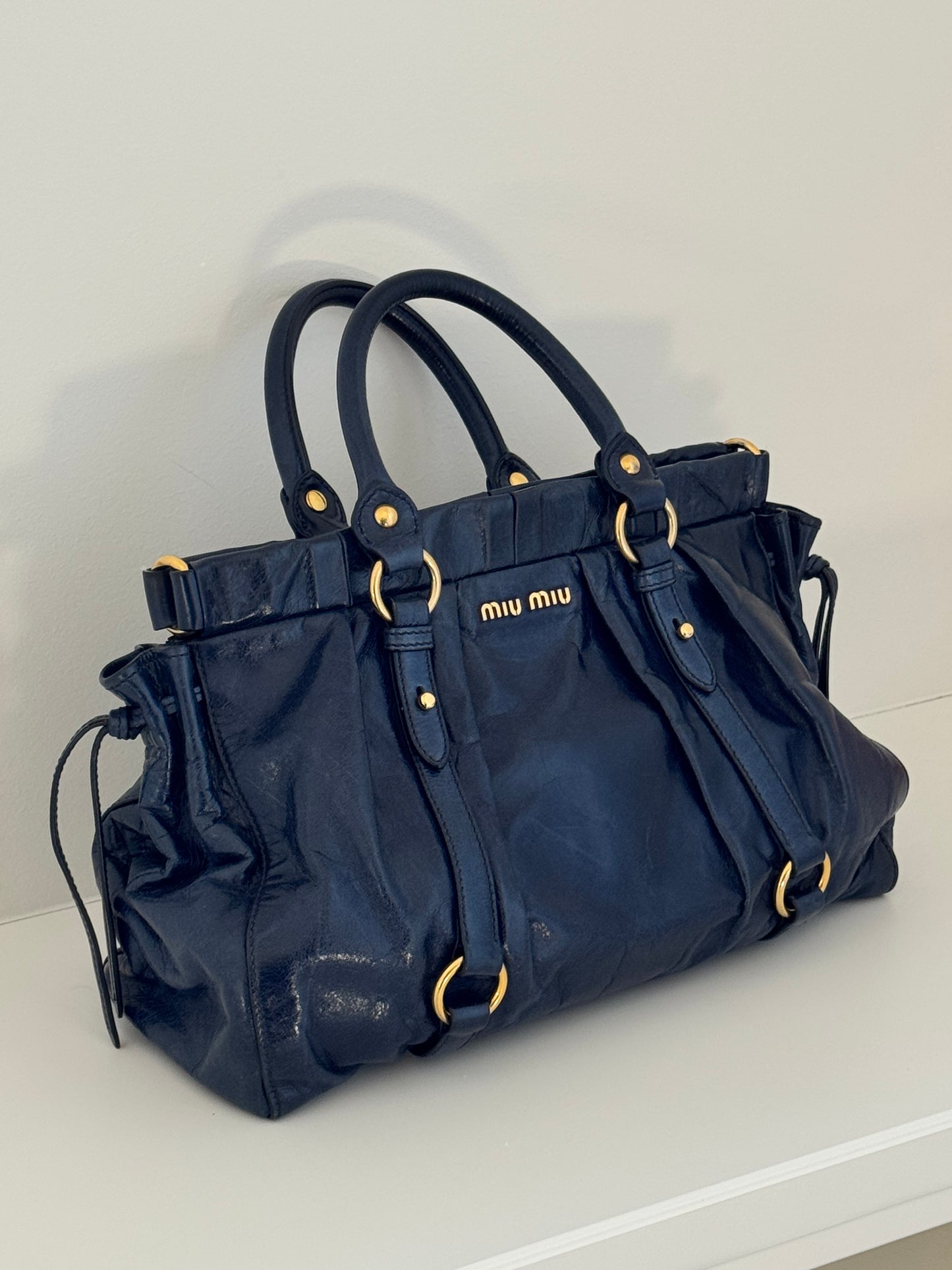 Miu Miu Navy Blue Leather Top Handle Bag