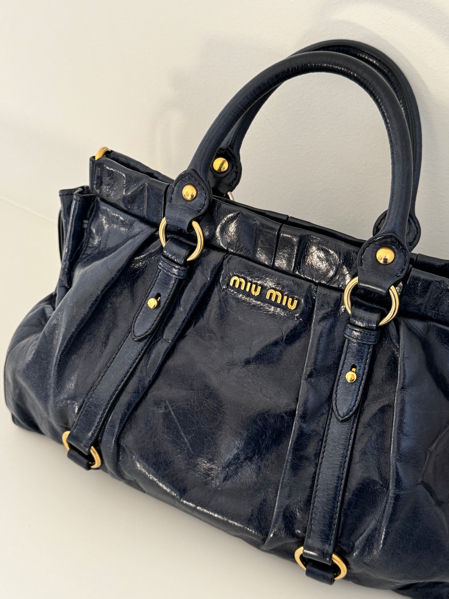 Miu Miu Navy Blue Leather Top Handle Bag