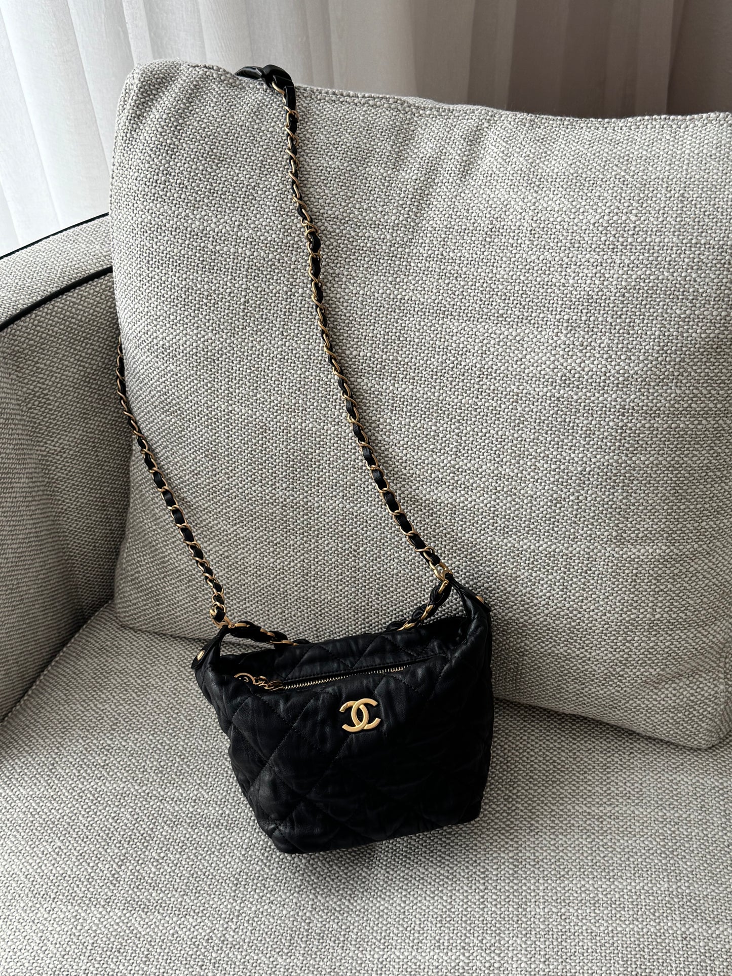 CHANEL Quilted Chain Around Hobo Bag – Black Lambskin