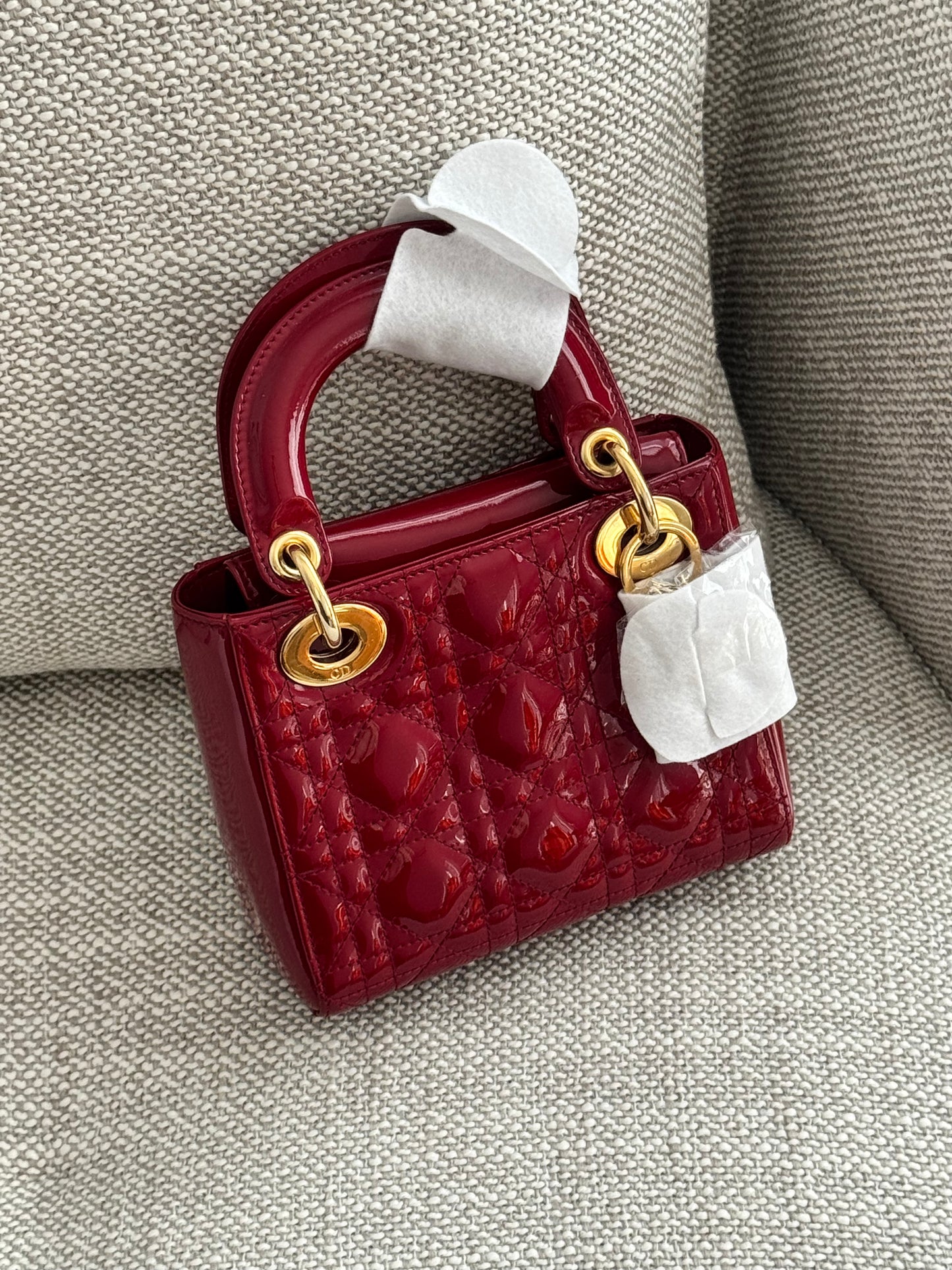 Dior Mini Lady Dior 3-Grid Bag in Red Patent Cannage Leather