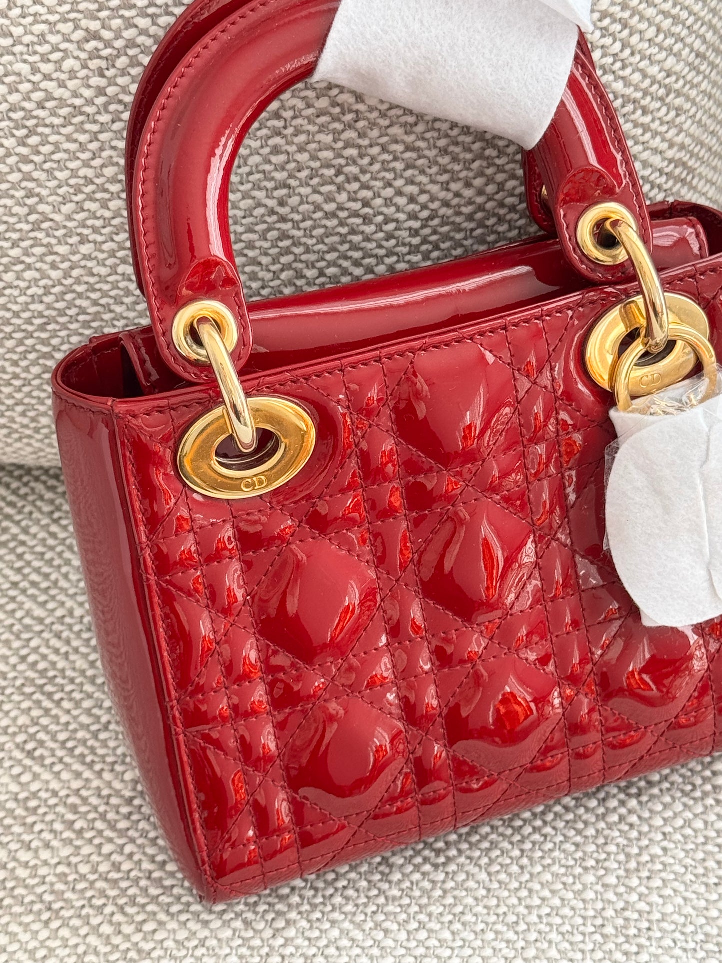 Dior Mini Lady Dior 3-Grid Bag in Red Patent Cannage Leather