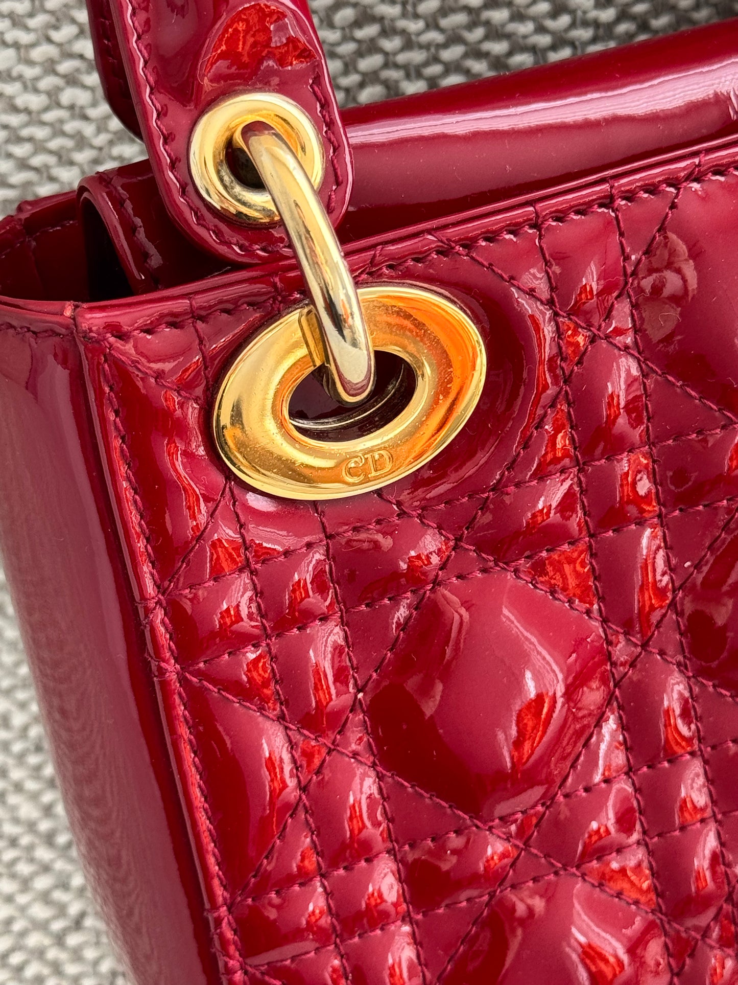 Dior Mini Lady Dior 3-Grid Bag in Red Patent Cannage Leather