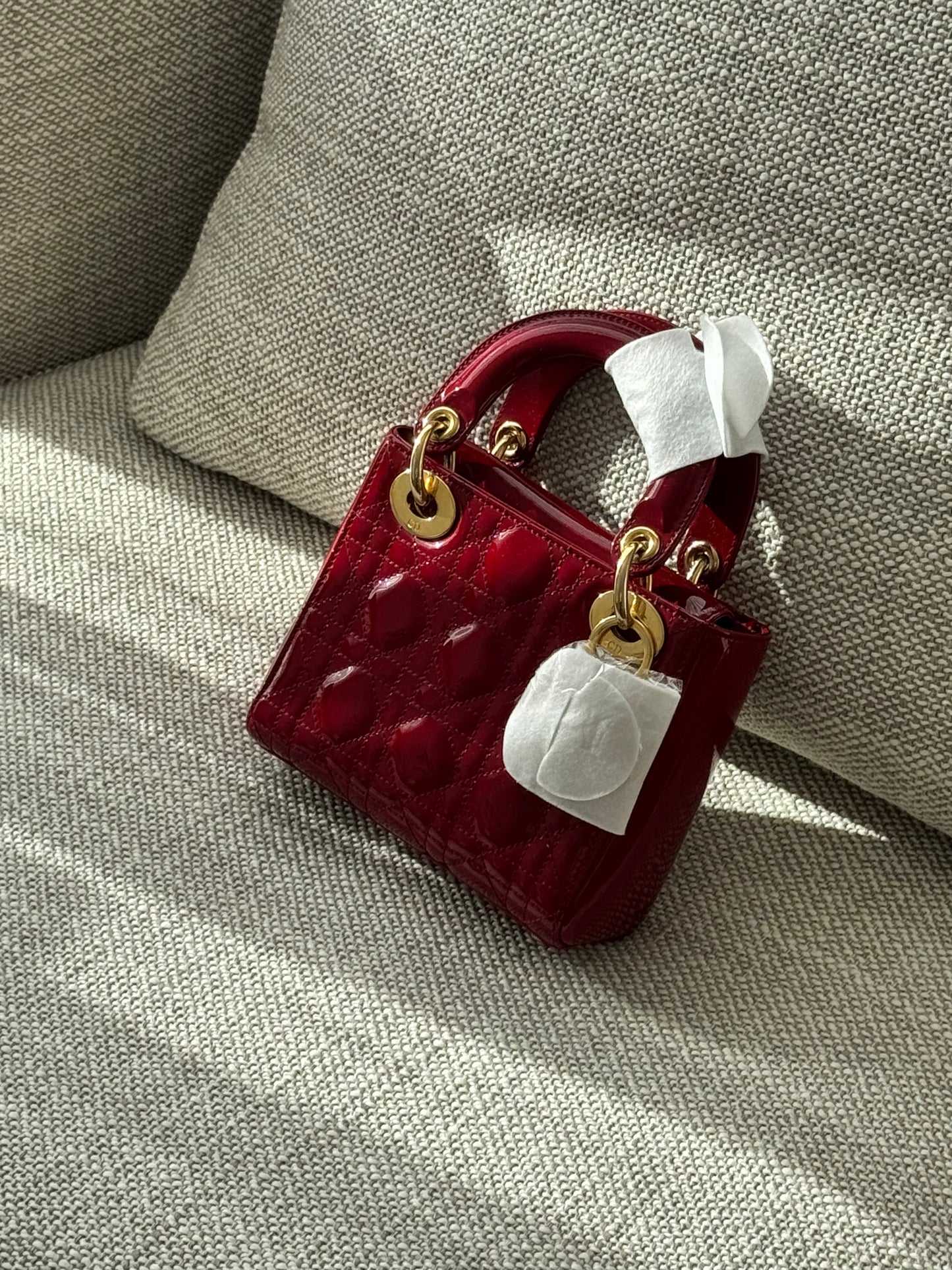 Dior Mini Lady Dior 3-Grid Bag in Red Patent Cannage Leather