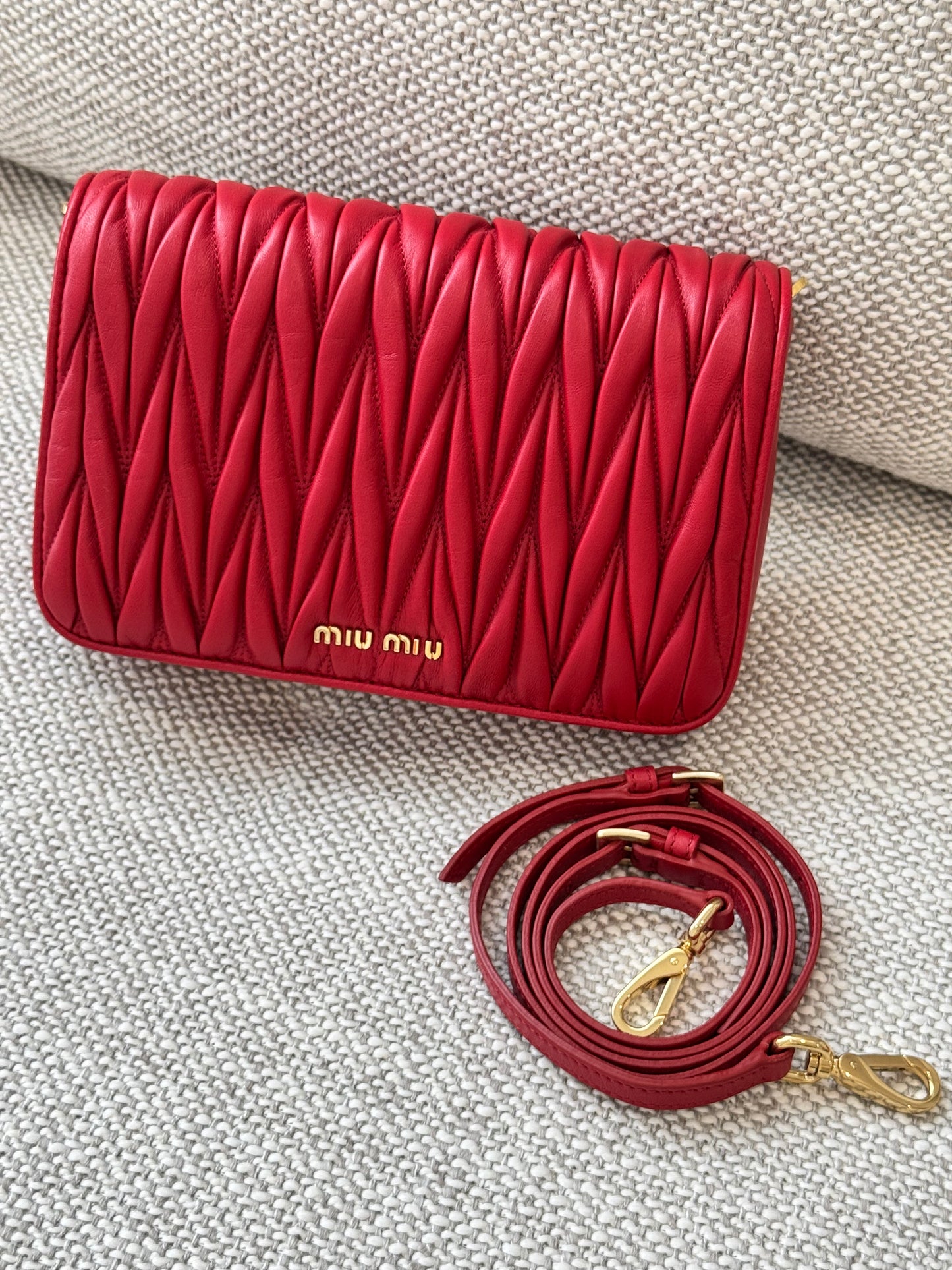Miu Miu Matelassé Leather Flap Bag in Red