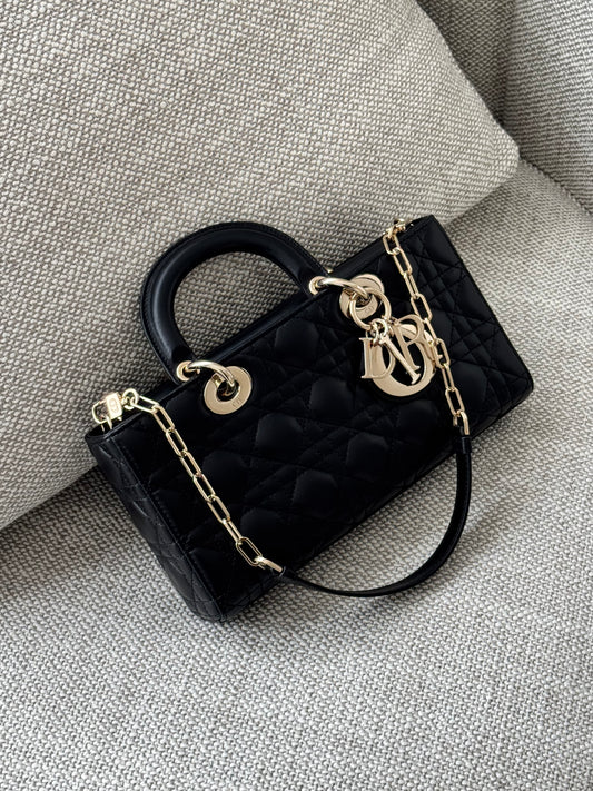 Medium Lady D-Joy Bag in Black Cannage Leather