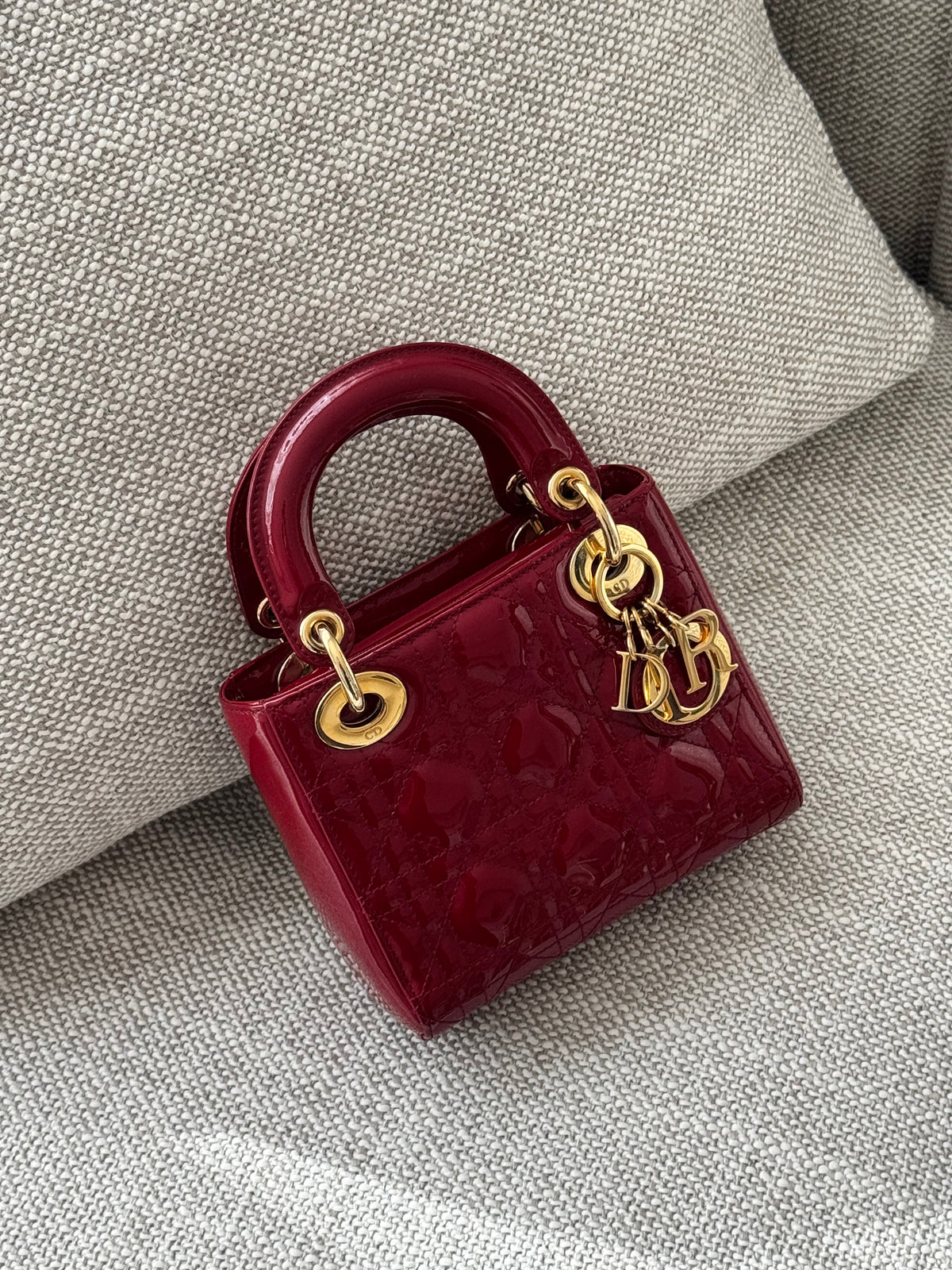 Dior Mini Lady Dior 3-Grid Bag in Red Patent Cannage Leather