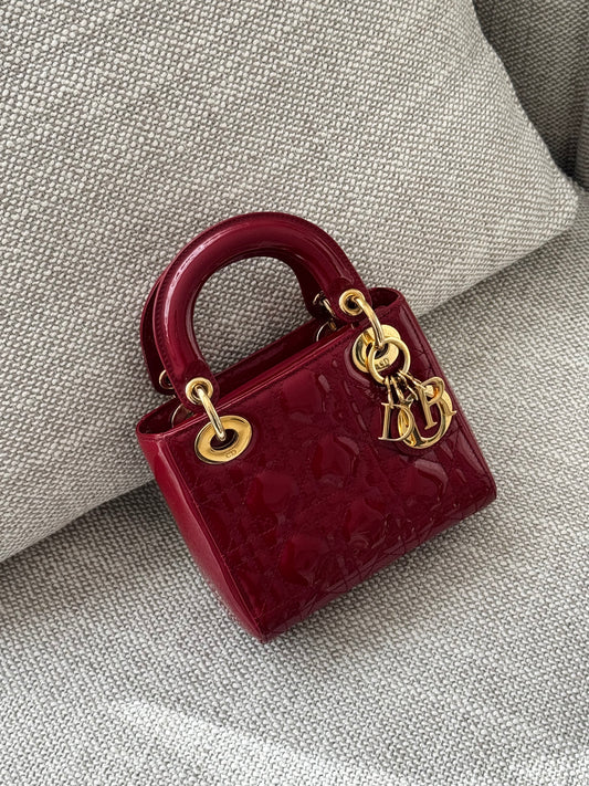 Dior Mini Lady Dior 3-Grid Bag in Red Patent Cannage Leather