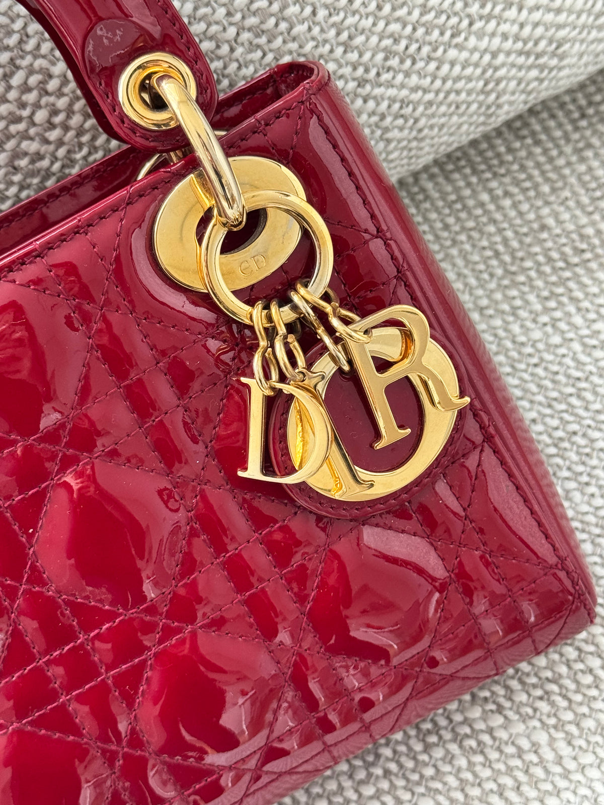 Dior Mini Lady Dior 3-Grid Bag in Red Patent Cannage Leather