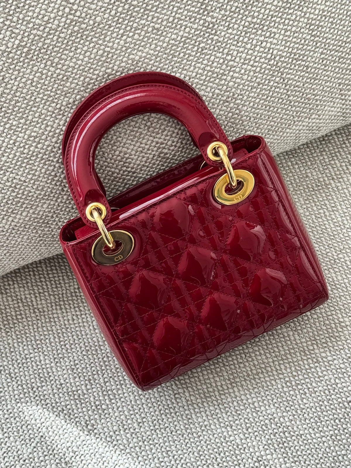 Dior Mini Lady Dior 3-Grid Bag in Red Patent Cannage Leather