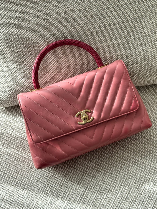 CHANEL Chevron Top Handle Flap Bag Pink Lambskin with Lizard Handle