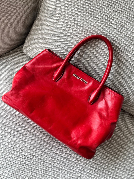 Miu Miu Madras Leather Tote Bag Red