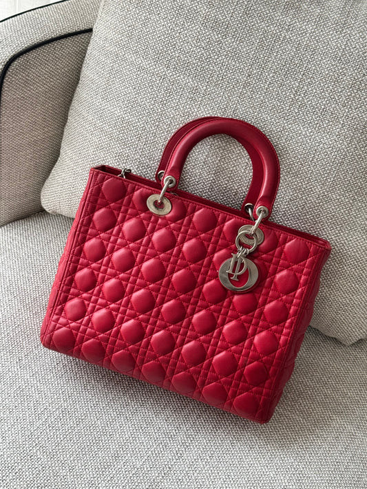 Dior Lady Dior 7-Stitch Cannage Bag Red Leather Silver Hardware
