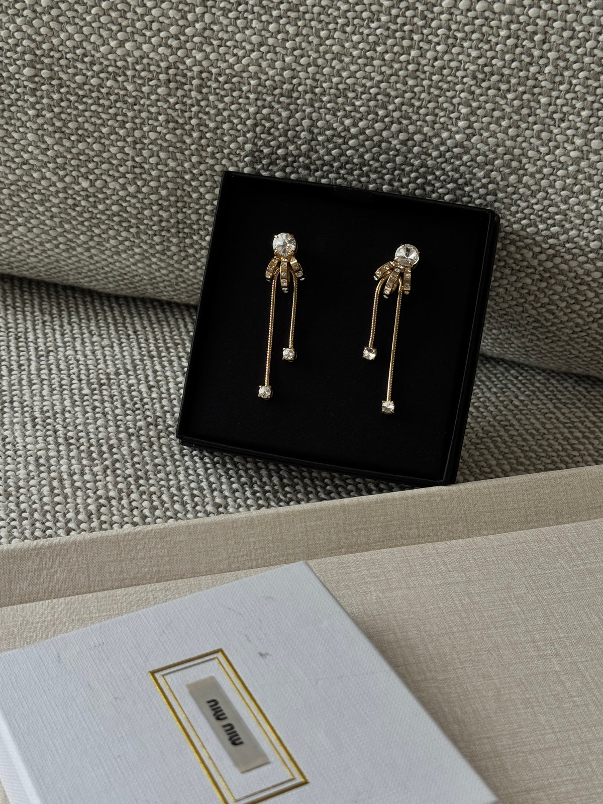 Miu Miu Crystal Fringe Drop Earrings – Gold Tone, Unworn