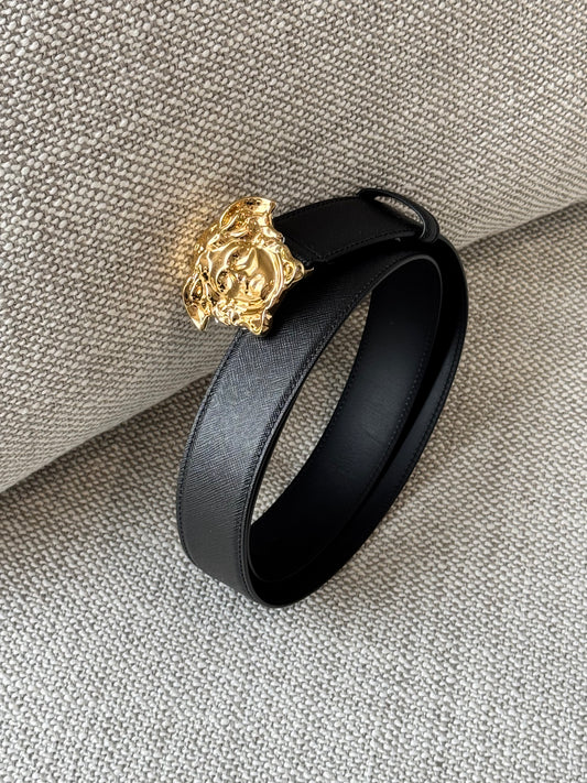 Versace Medusa Leather Belt – Black & Gold