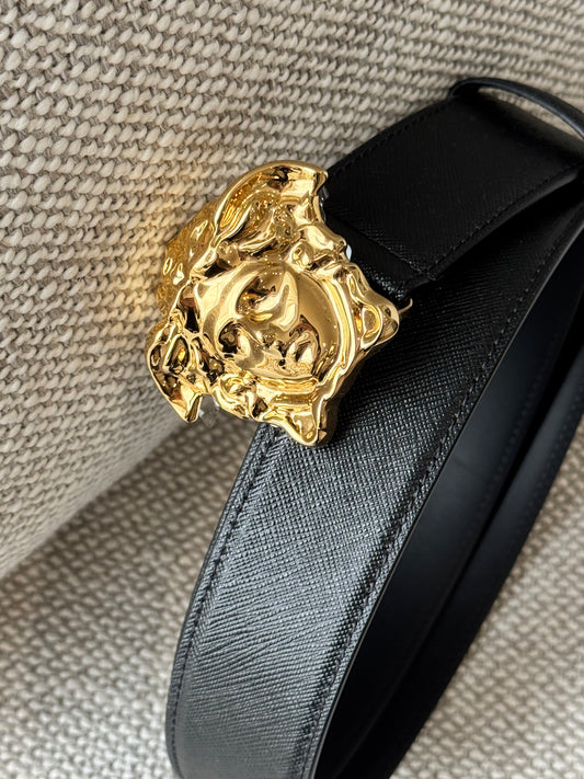 Versace Medusa Leather Belt – Black & Gold
