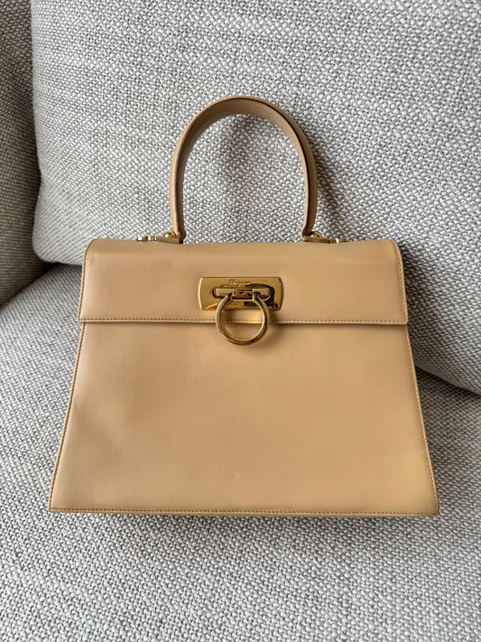 Salvatore Ferragamo Gancini Top Handle Bag – Beige Leather