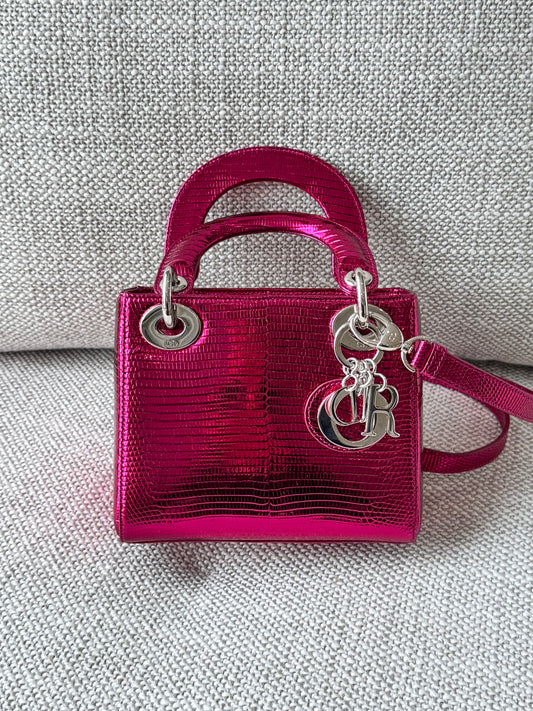 Dior Lady Dior Lizard Leather Handbag – Metallic Pink