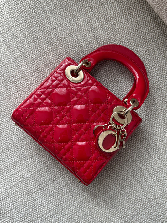 Dior Lady Dior Mini Three-Compartment – Cherry Red Patent Cannage