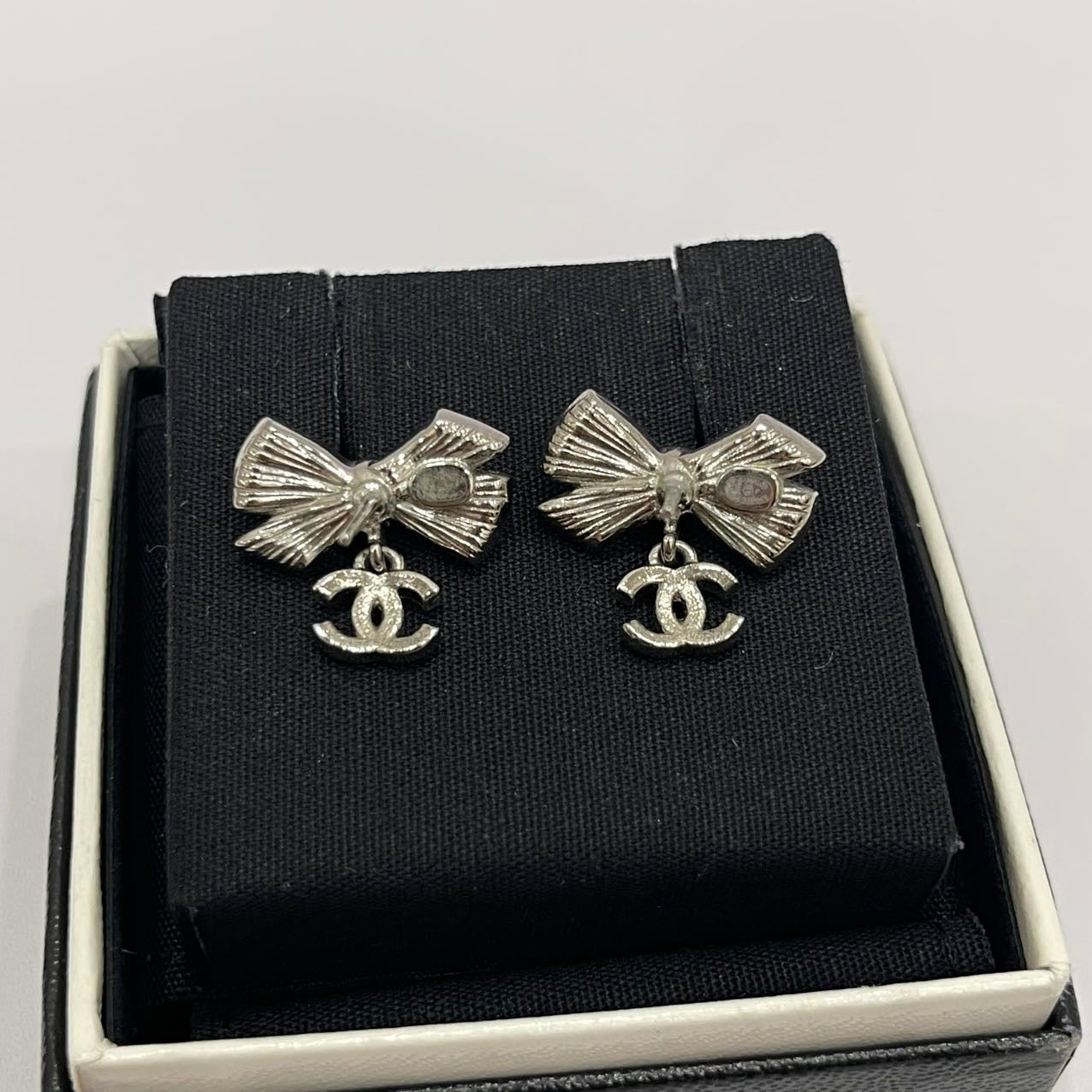 Chanel Bow/CC Logo Drop Earrings Crystal/Pearl Silver Tone
