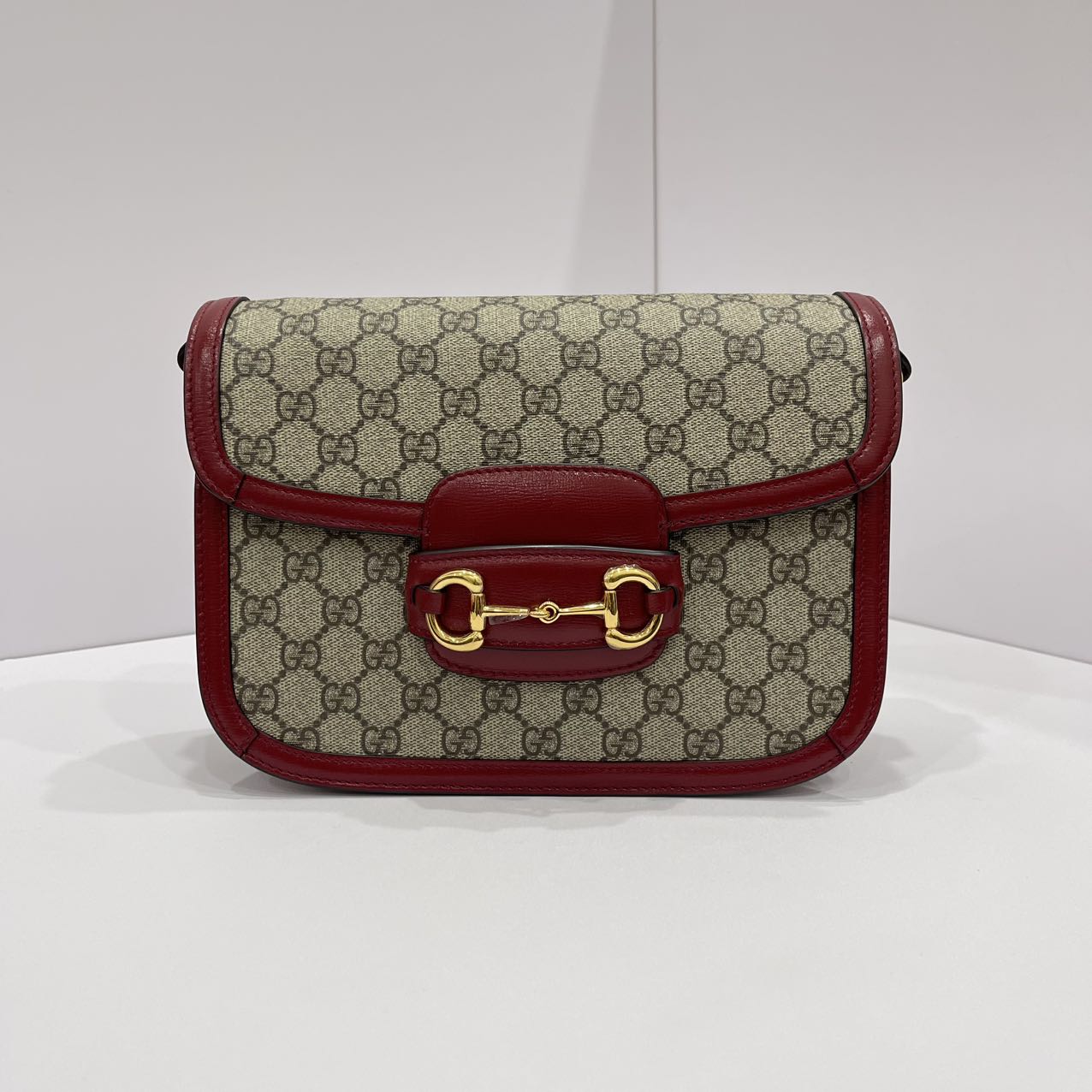 GUCCI Horsebit 1955 Shoulder Bag GG Supreme Canvas/Leather Red GHW