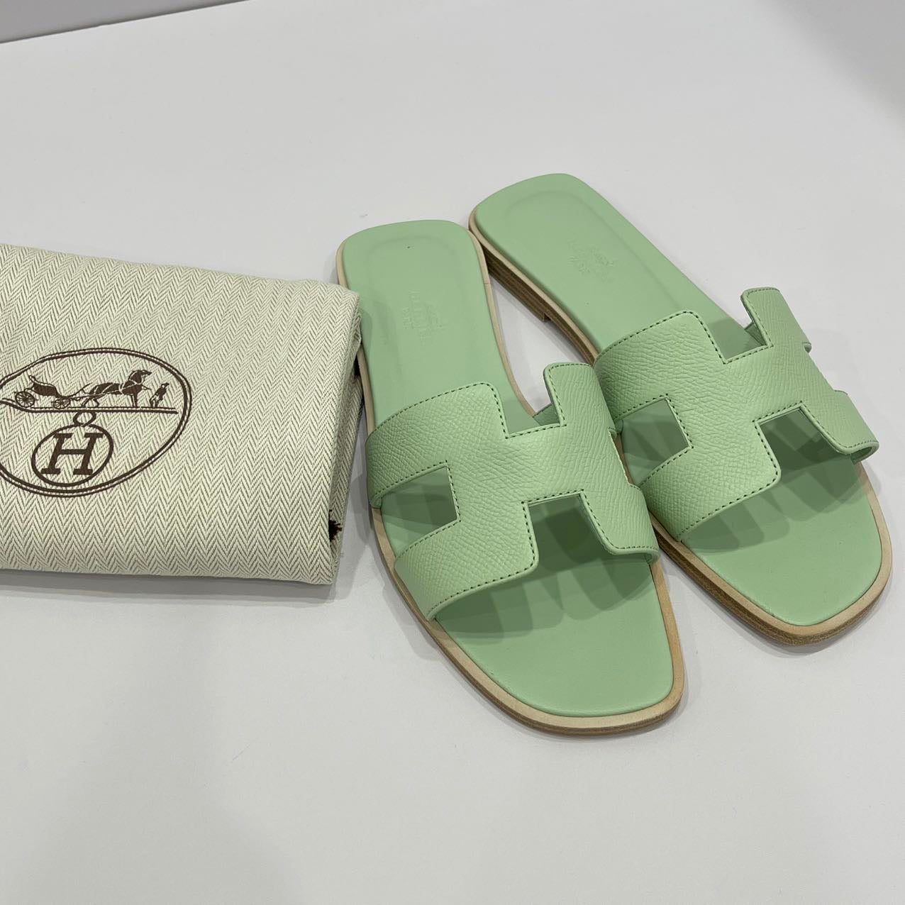 Hermes Size 37 Oran Sandals Vert Jade Epsom Calfskin H