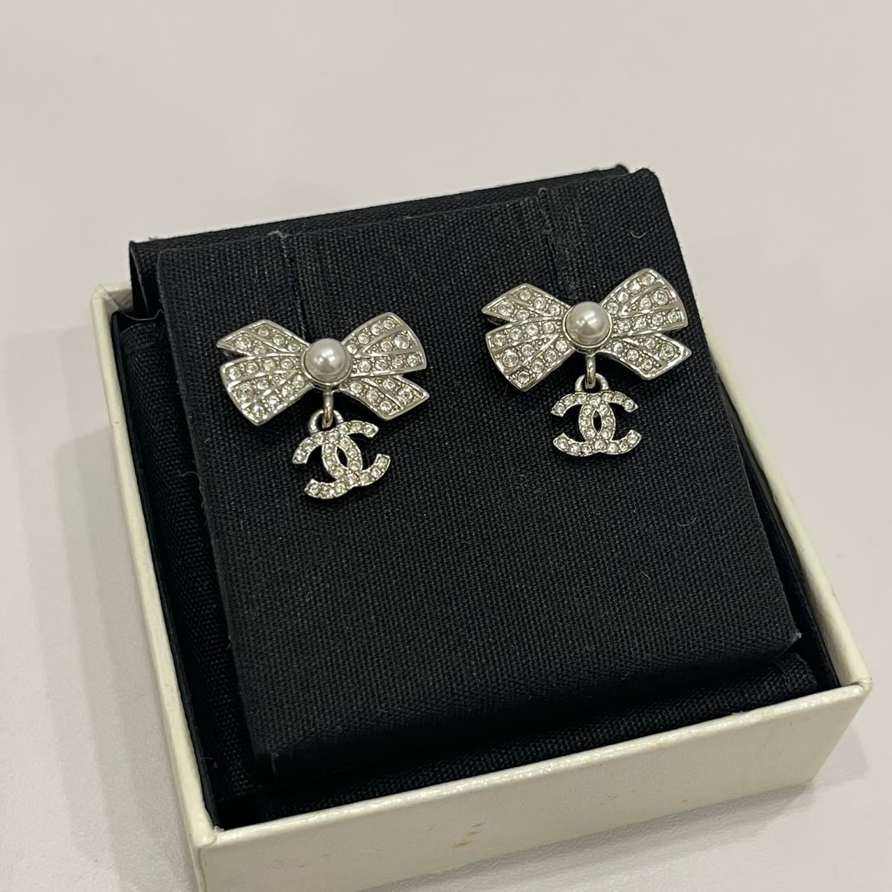 Chanel Bow/CC Logo Drop Earrings Crystal/Pearl Silver Tone